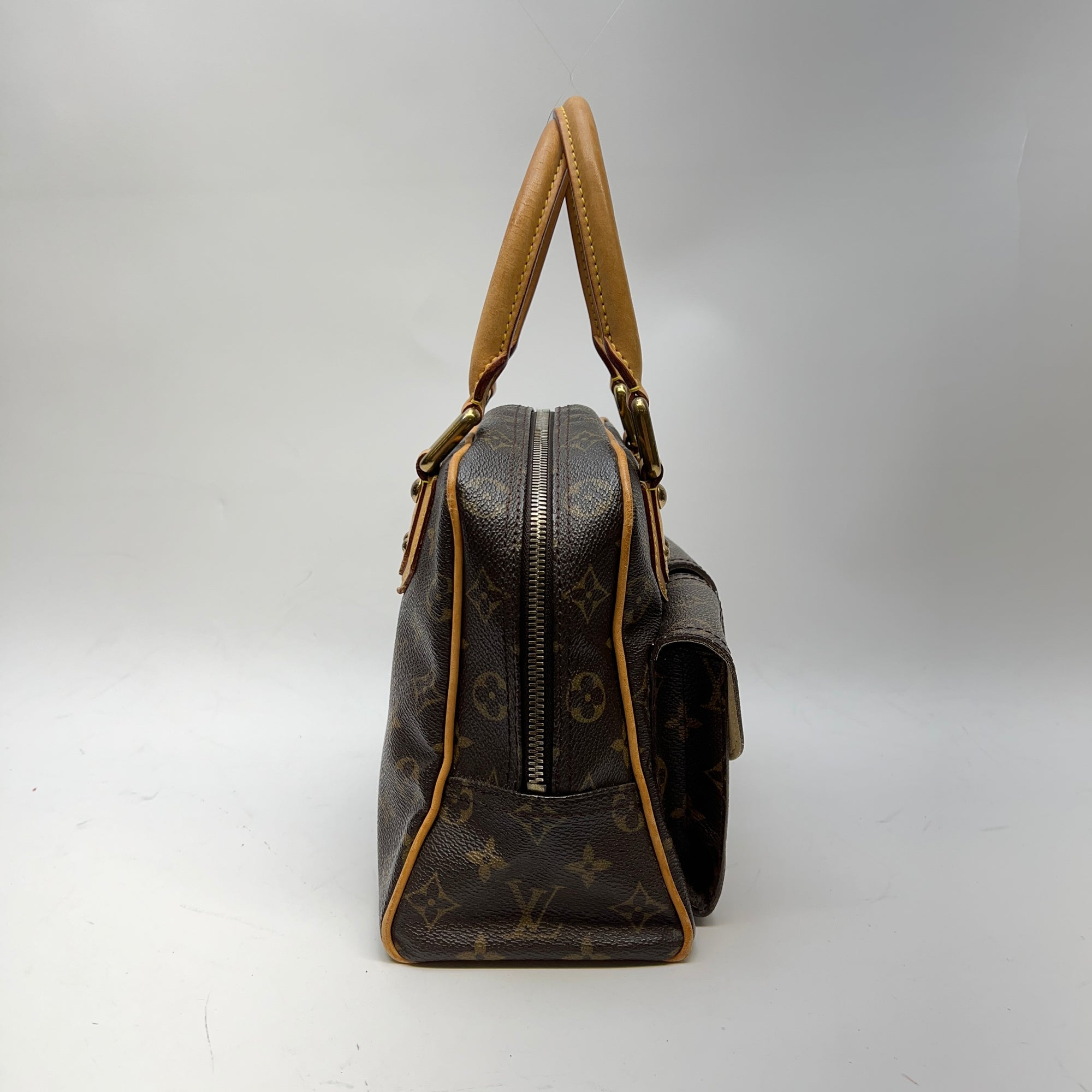 Manhattan PM Brown Top Handle Bag in Monogram Coated Canvas, Gold hardware