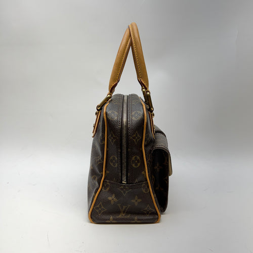 Manhattan PM Brown Top Handle Bag in Monogram Coated Canvas, Gold hardware