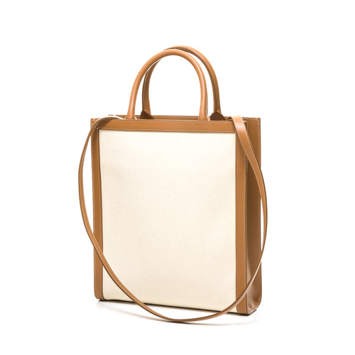 Vertical Small Brown Tote Bag in Canvas, Gold hardware