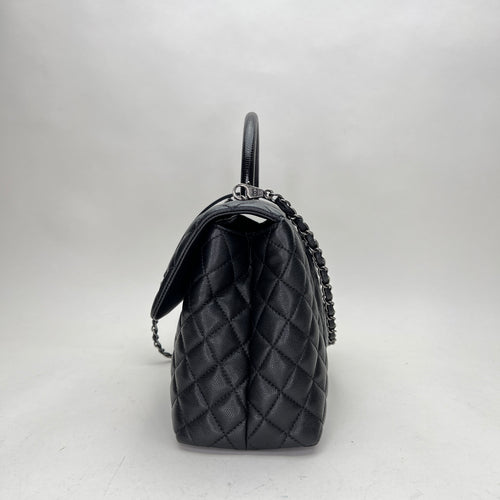 Coco Medium Black Top Handle Bag in Caviar Leather, Ruthenium hardware