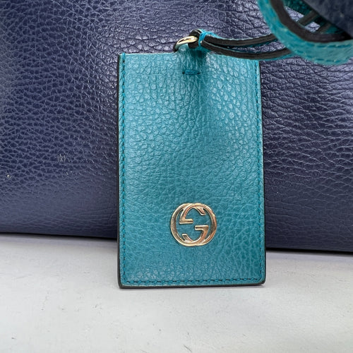 Logo Blue Top Handle Bag in Calfskin, Light Gold hardware