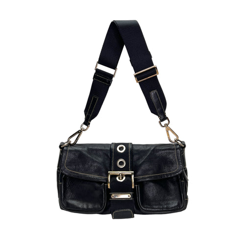 Buckle Flap Black Shoulder Bag in Calfskin, Silver hardware