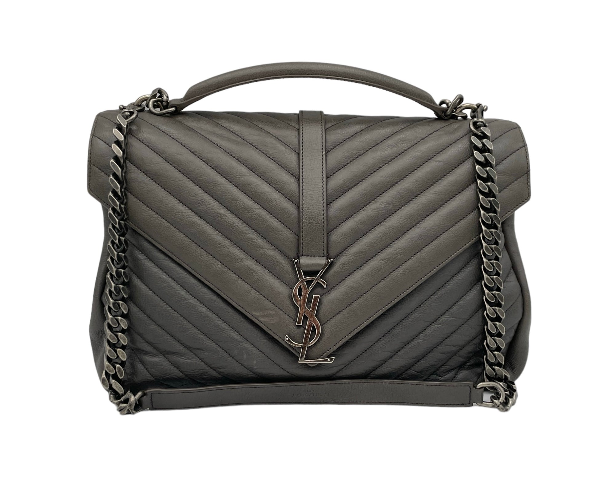 College Large Grey Top Handle Bag in Calfskin, Ruthenium hardware