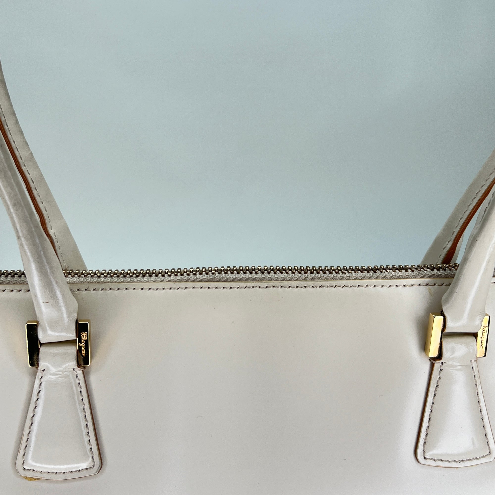 Zip Around Cream Top Handle Bag in Calfskin, Gold hardware