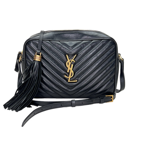 Lou Camera Black Crossbody Bag in Calfskin, Gold hardware