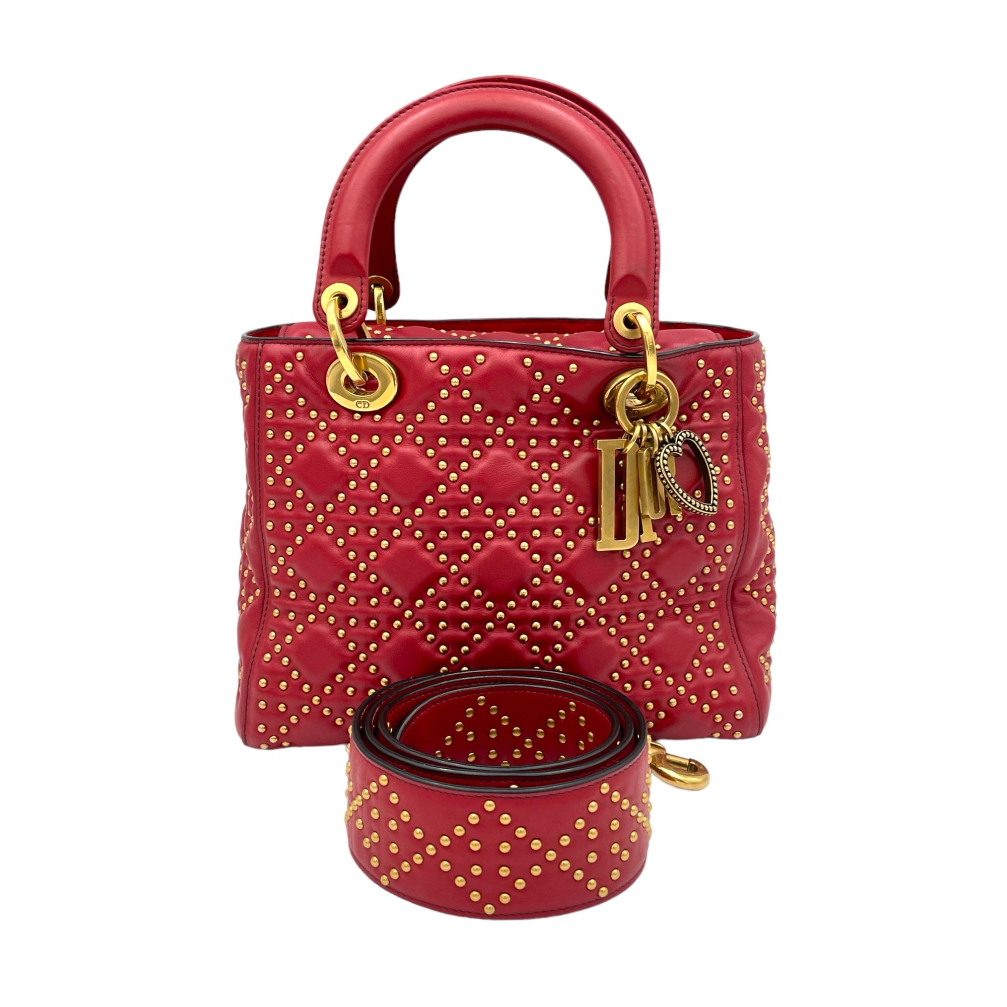 Lady Dior Medium Red Top Handle Bag in Lambskin, Gold hardware