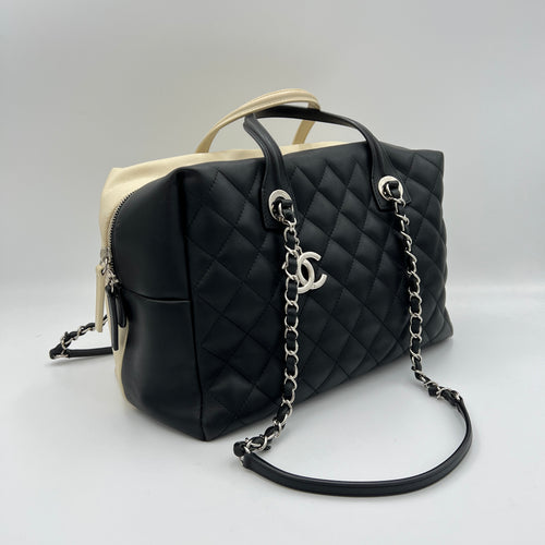 Quilted Feather Weight Bowling Black Top Handle Bag in Calfskin, Silver hardware