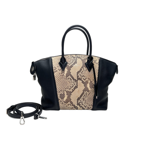 LockIt PM Black Top Handle Bag in Python Leather, Silver hardware