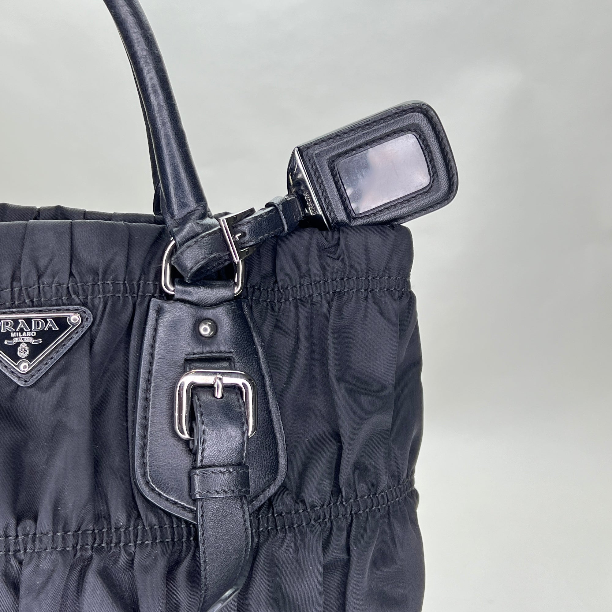 Gaufre Black Top Handle Bag in Nylon, Silver hardware