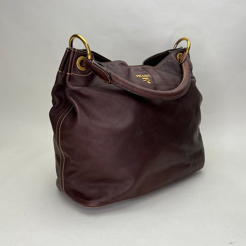 Hobo Brown Shoulder Bag in Calfskin, Gold hardware