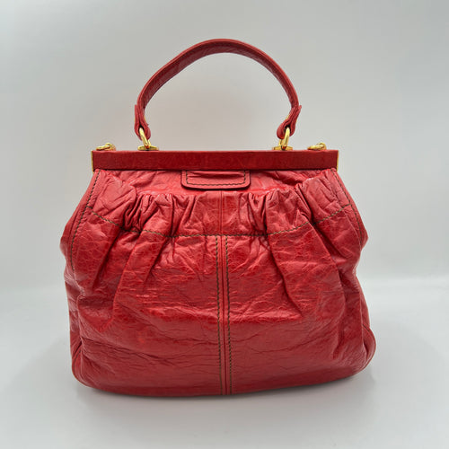 Vitello Lux Frame Red Top Handle Bag in Distressed Leather, Gold hardware