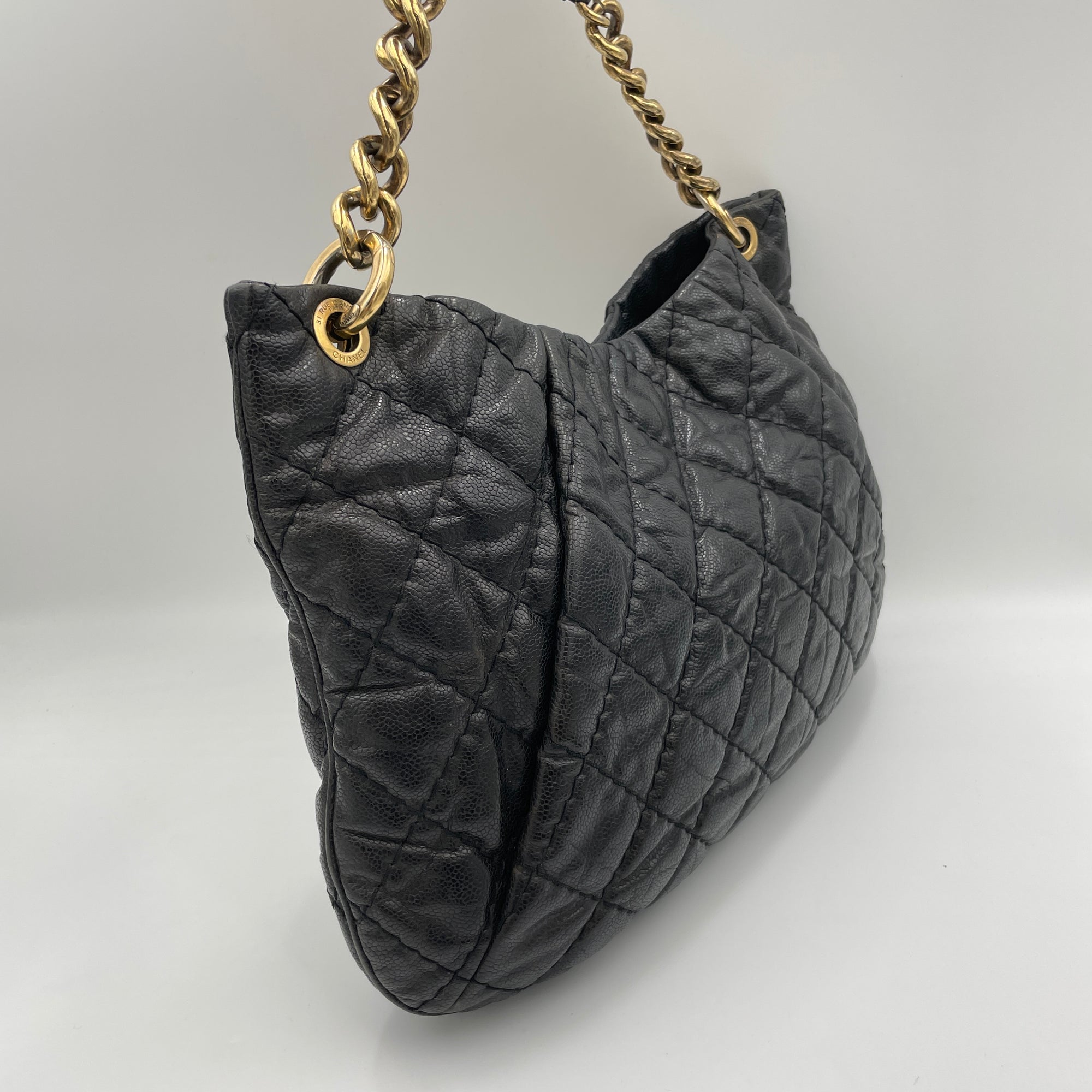 Coco Pleats Hobo Black Top Handle Bag in Caviar Leather, Gold hardware