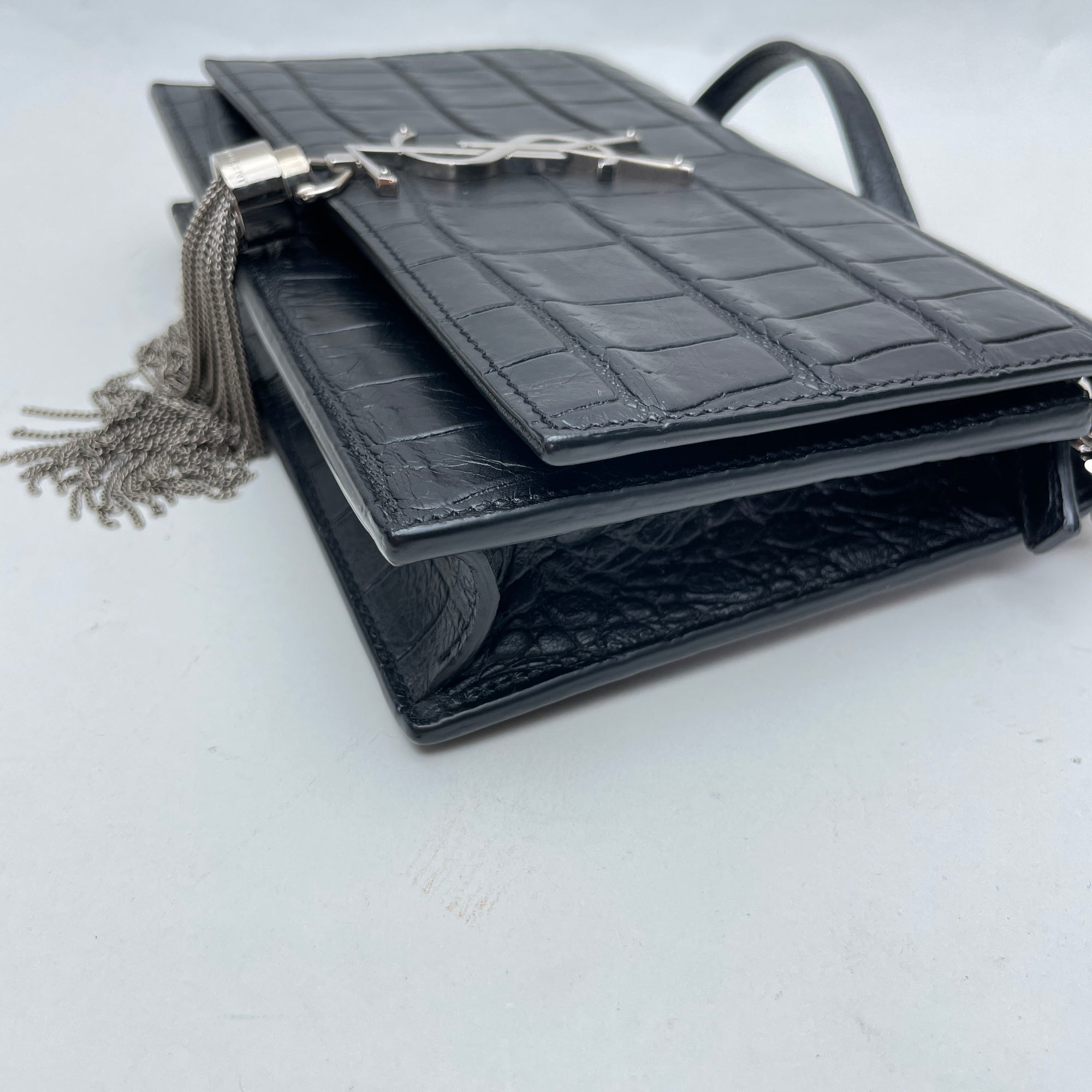 Kate Tassel Small Black Wallet on Chain in Crocodile Embossed Calfskin, Silver hardware