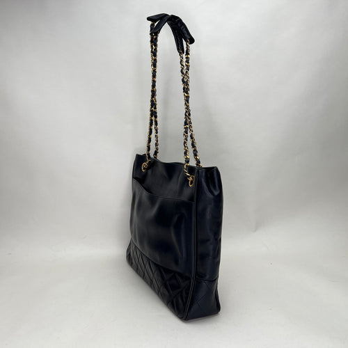 Vintage Quilted Chain Navy Tote Bag in Lambskin, Gold hardware