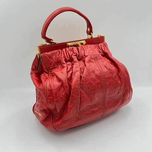 Vitello Lux Frame Red Top Handle Bag in Distressed Leather, Gold hardware