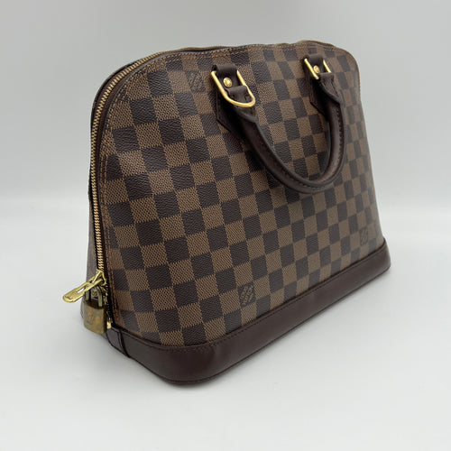 Damier Ebene Alma PM Brown Top Handle Bag in Coated Canvas, Gold hardware