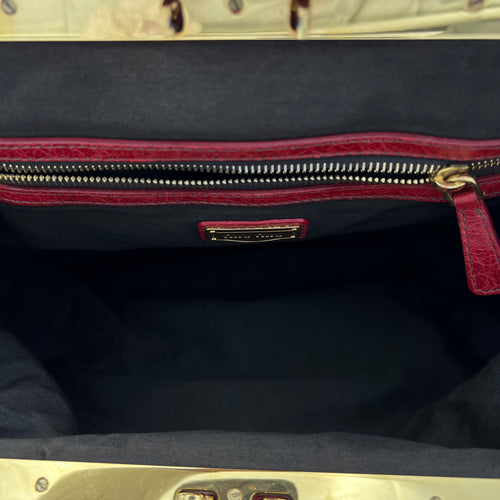 Vitello Lux Frame Red Top Handle Bag in Distressed Leather, Gold hardware