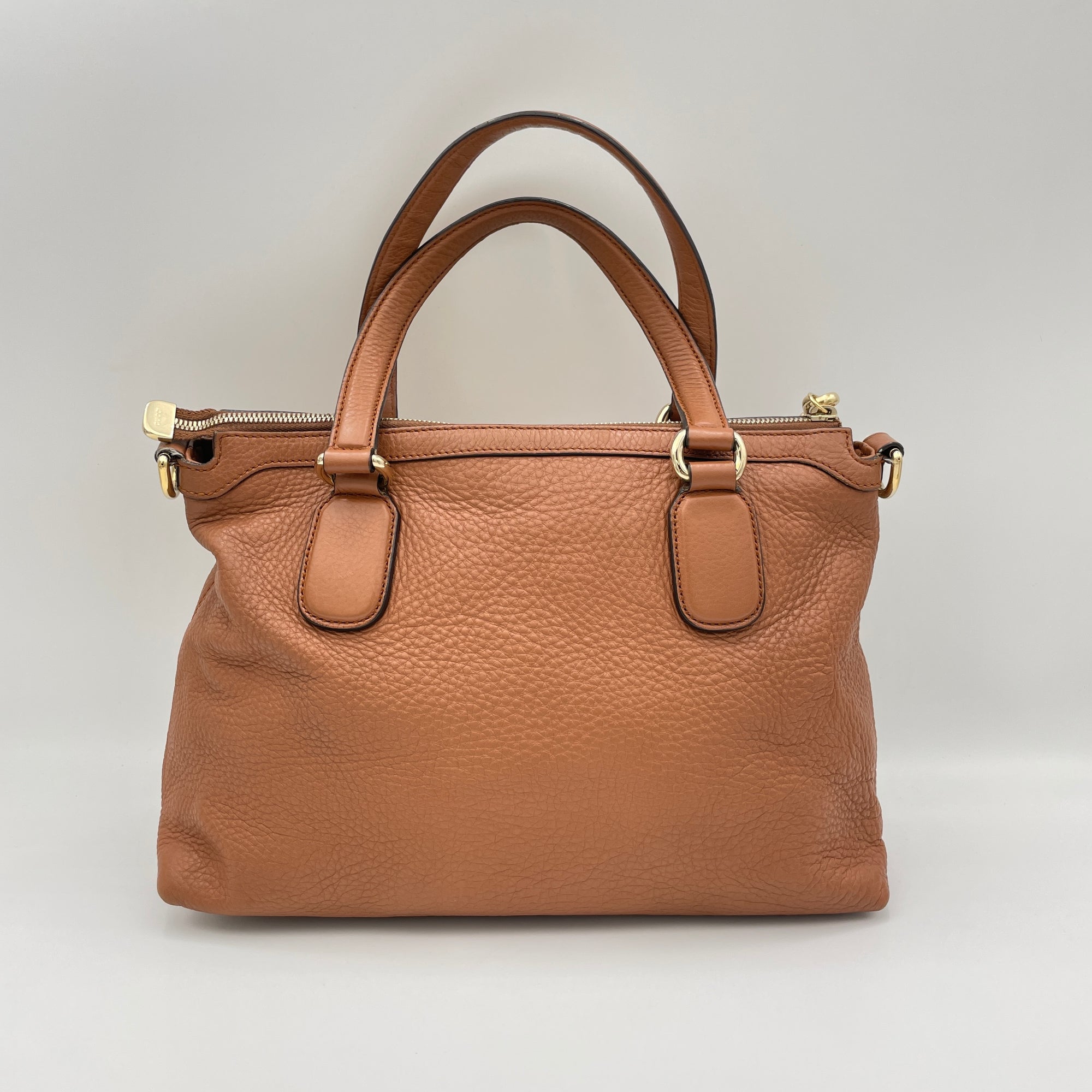 Soho Two-Way Brown Top Handle Bag in Calfskin, Gold hardware