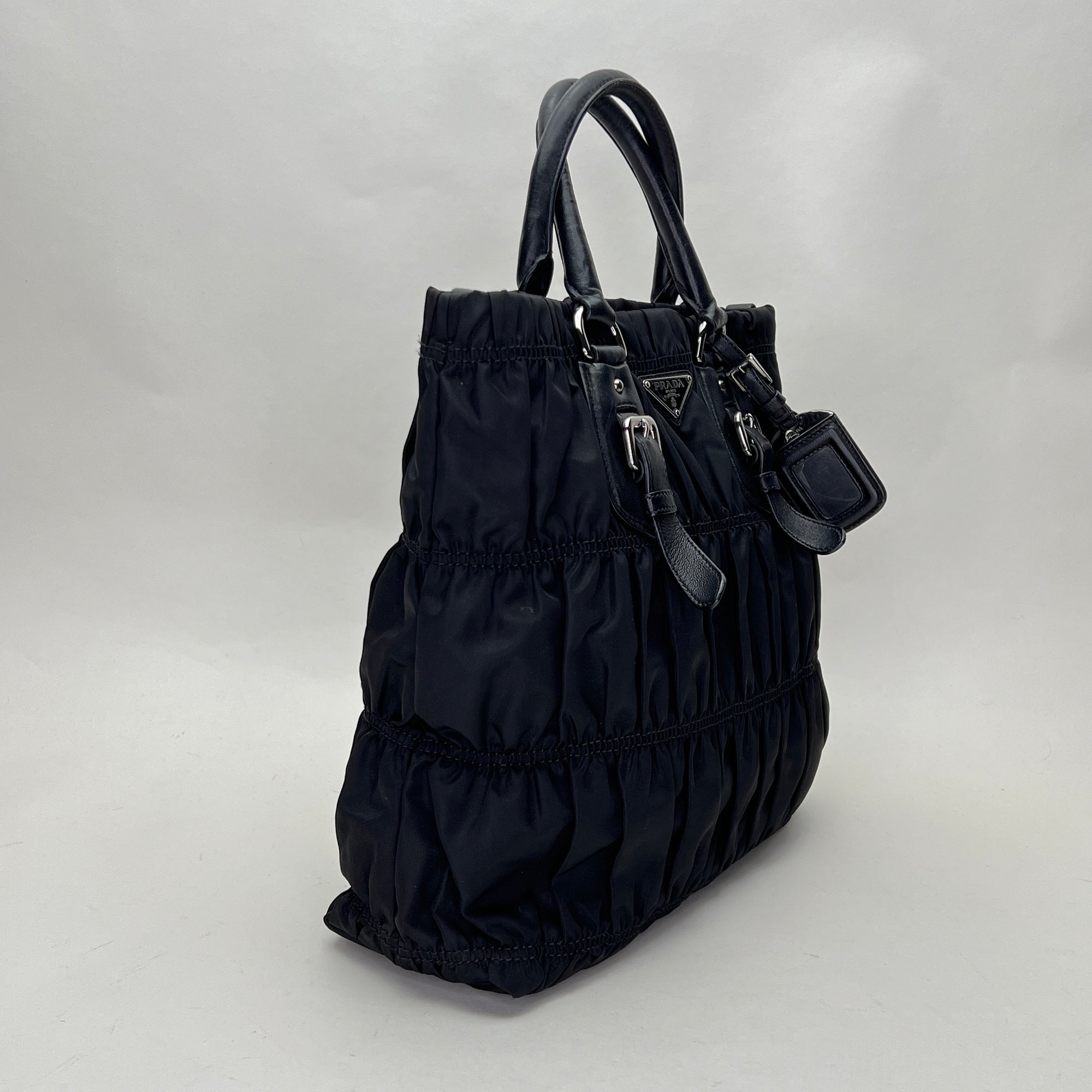 Gaufre Black Top Handle Bag in Nylon, Silver hardware