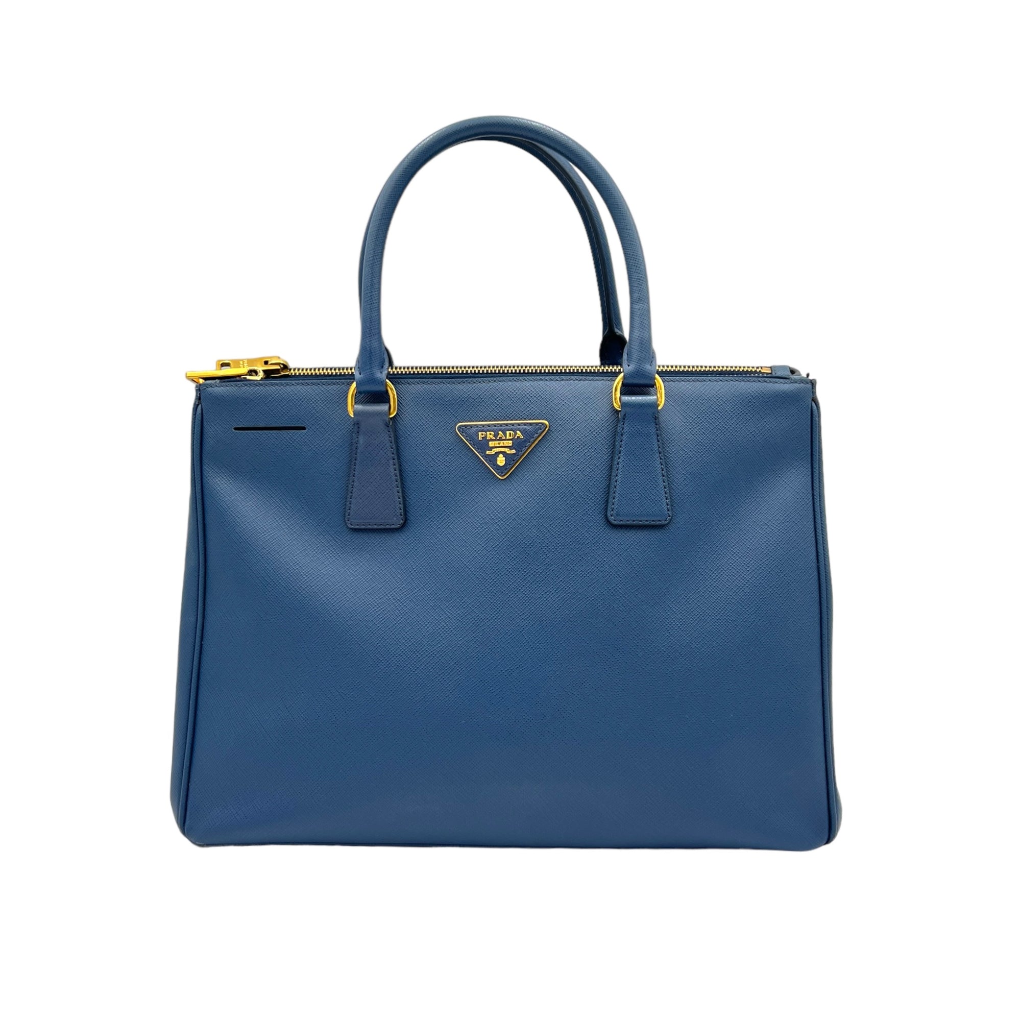 Galleria Large Blue Top Handle Bag in Saffiano Leather, Gold hardware