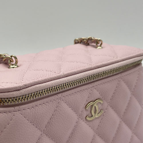 Quilted Pink Vanity Bag in Caviar Leather, Light Gold hardware