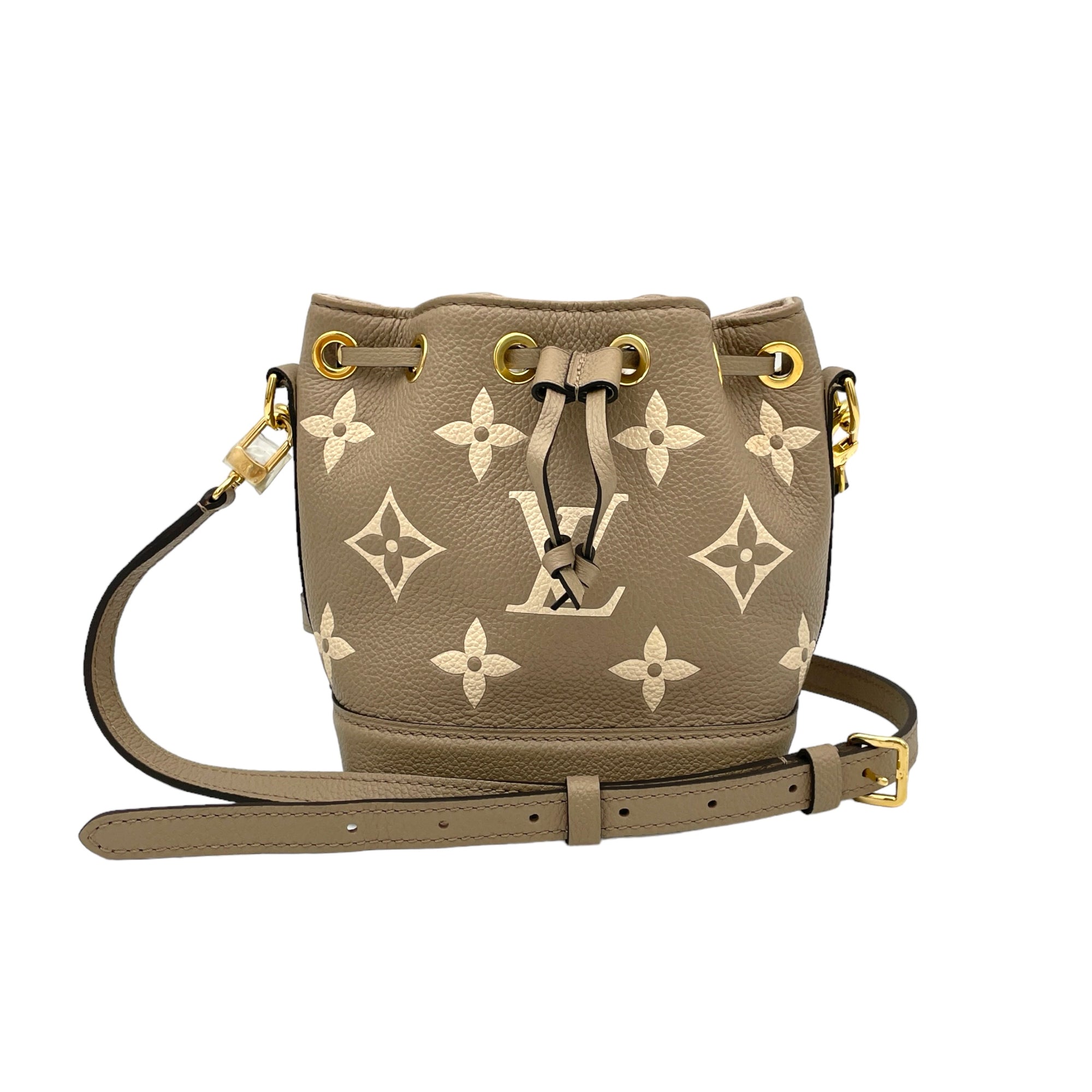 Noe Nano Beige Bucket Bag in Monogram Empreinte Leather, Gold hardware