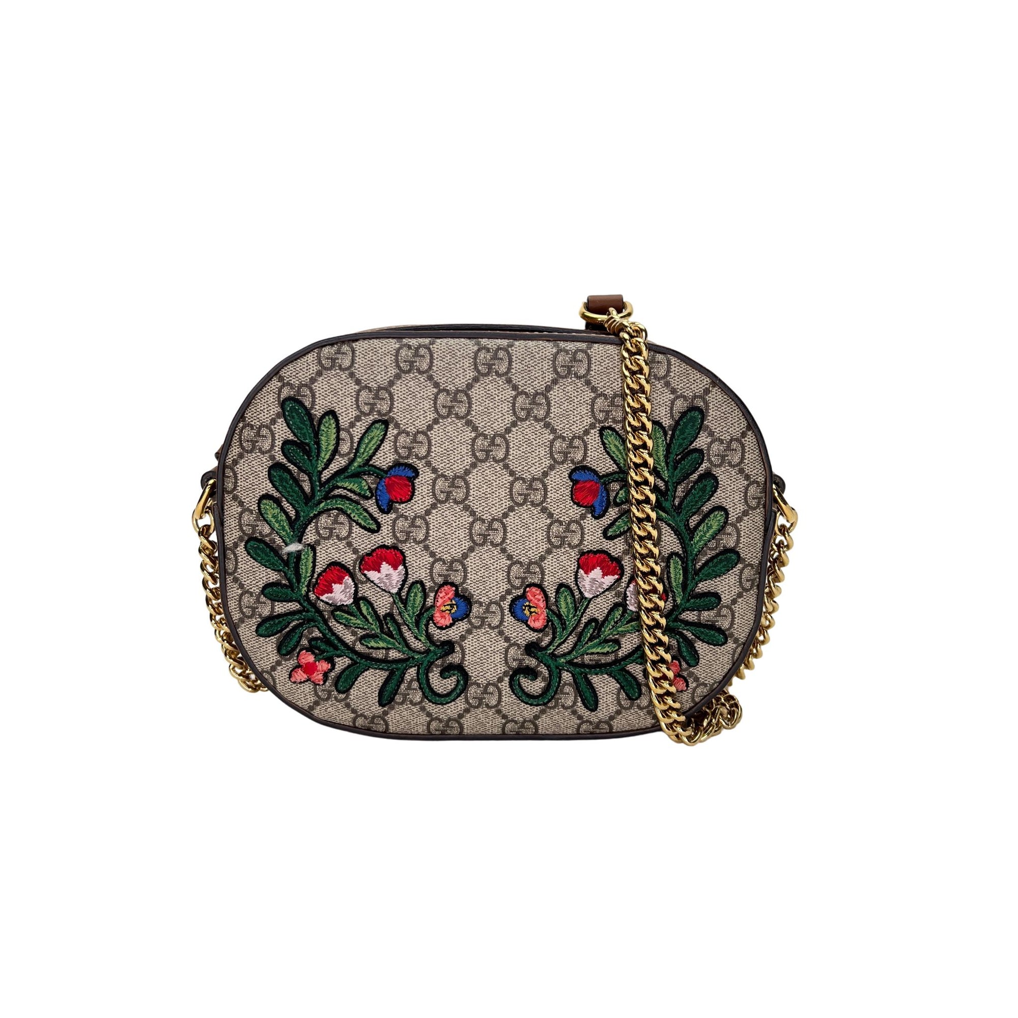 GG Supreme Floral Embroidery Brown Crossbody Bag in Coated Canvas, Gold hardware