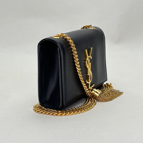 KATE TASSEL Mini Black Wallet on Chain in Calfskin, Gold hardware