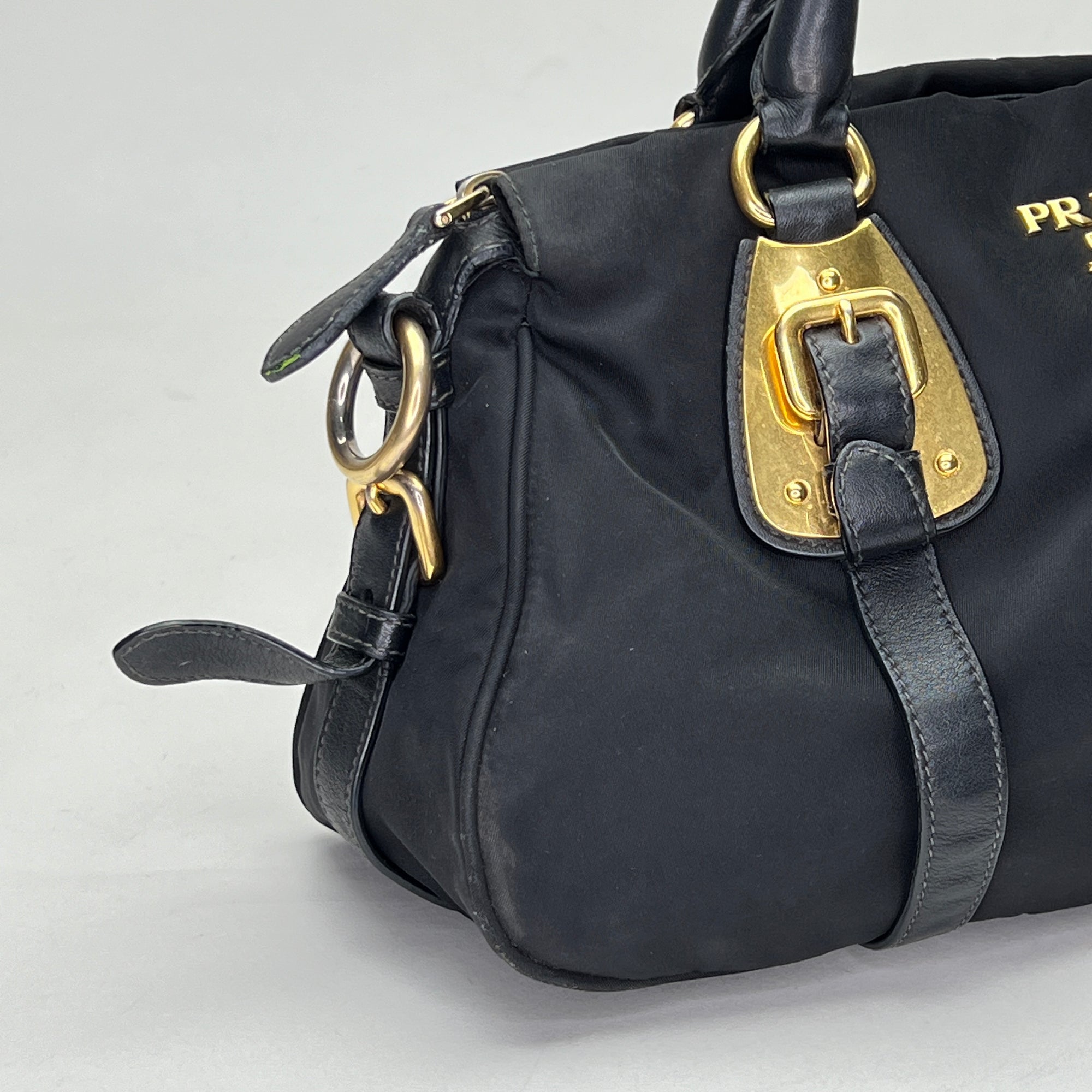 Satchel Black Top Handle Bag in Nylon, Gold hardware