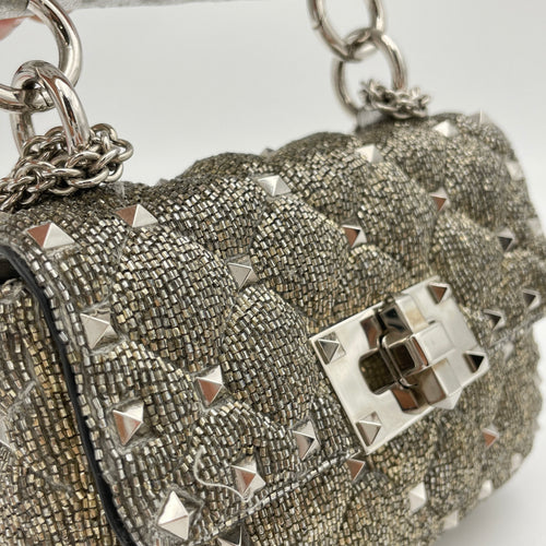 Rockstud Spike Micro Silver Crossbody Bag in Beaded Canvas, Silver hardware