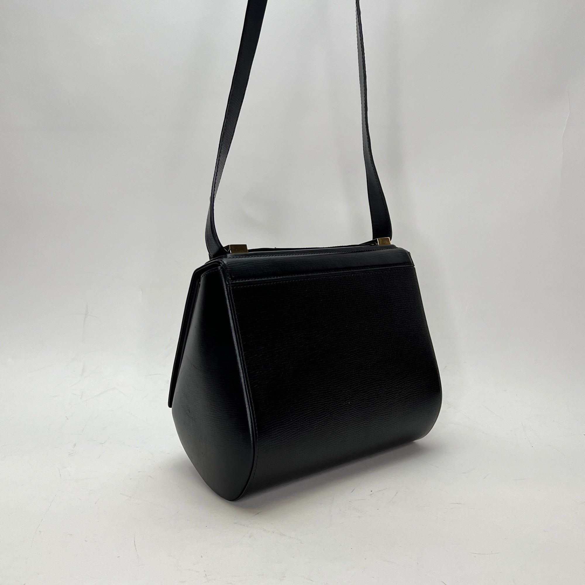 Pandora Medium Black Top Handle Bag in Calfskin, Light Gold hardware