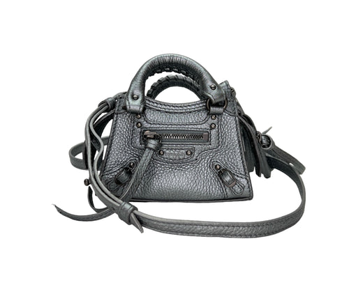 Neo Classic Super Nano Silver Crossbody Bag in Calfskin, Gunmetal hardware