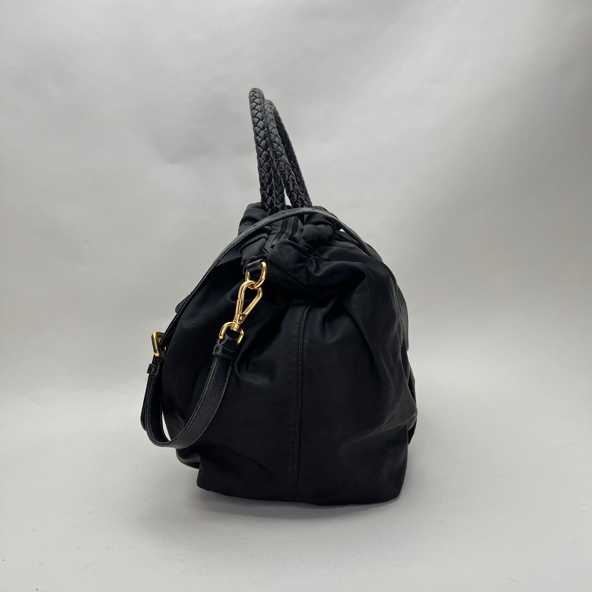 Braided Top Handle Bag Black Top Handle Bag in Nylon, Gold hardware