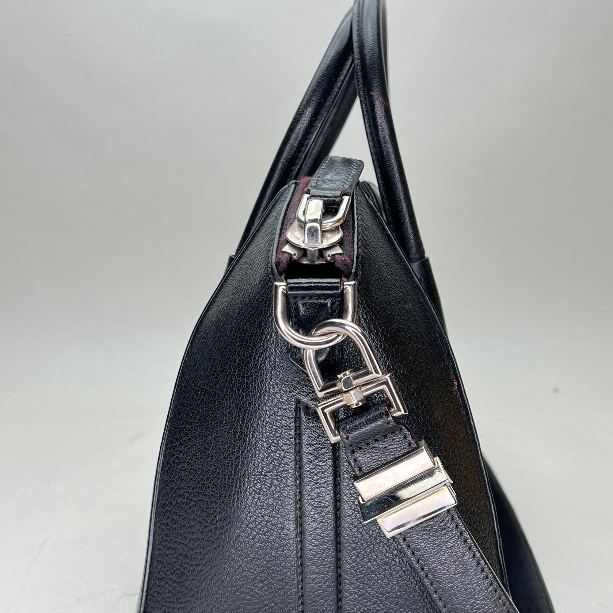 Antigona Small Black Top Handle Bag in Calfskin, Silver hardware