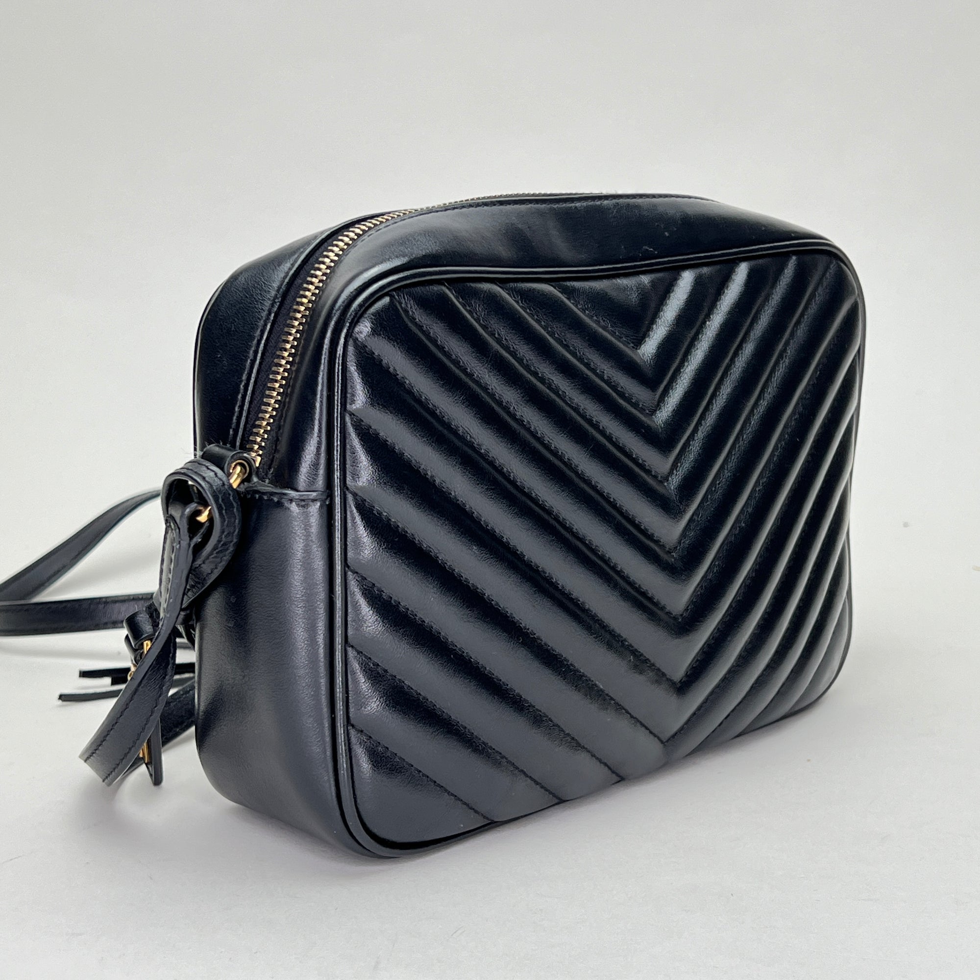 Lou Camera Black Crossbody Bag in Calfskin, Gold hardware