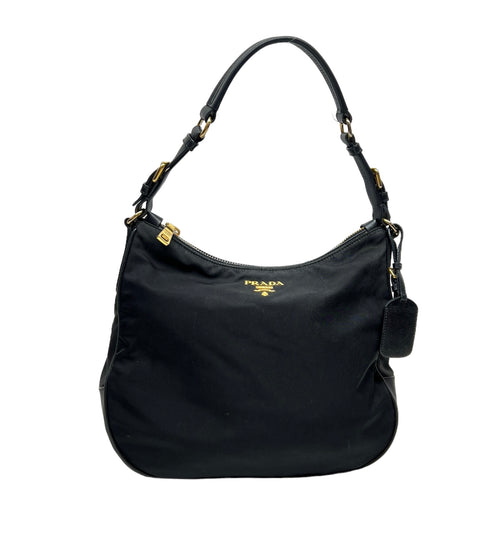 Logo Hobo Black Shoulder Bag in Nylon, Gold hardware