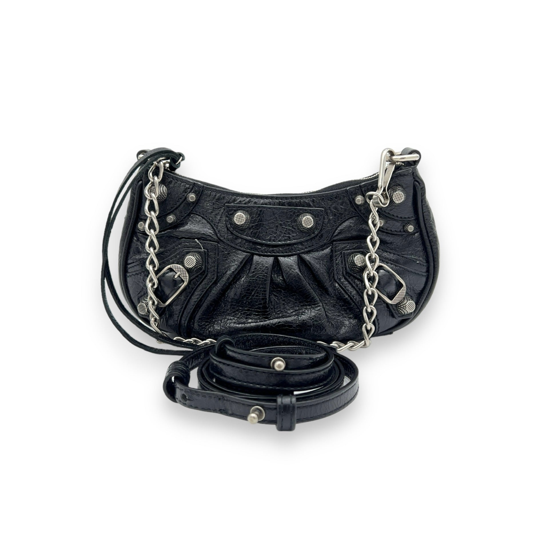 Le Cagole Mini Black Shoulder Bag in Distressed Leather, Silver hardware