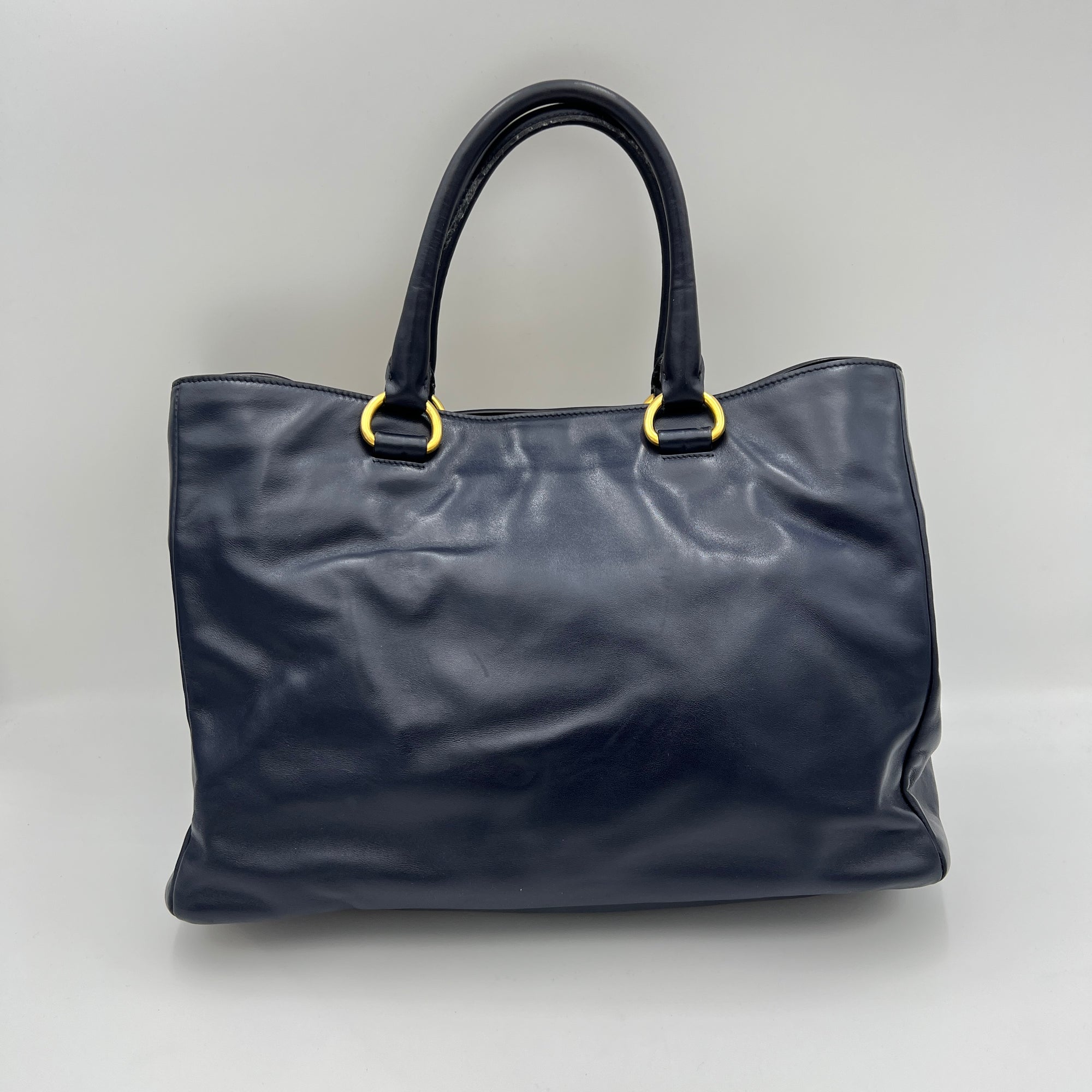 Vitello Shine Navy Top Handle Bag in Calfskin, Gold hardware