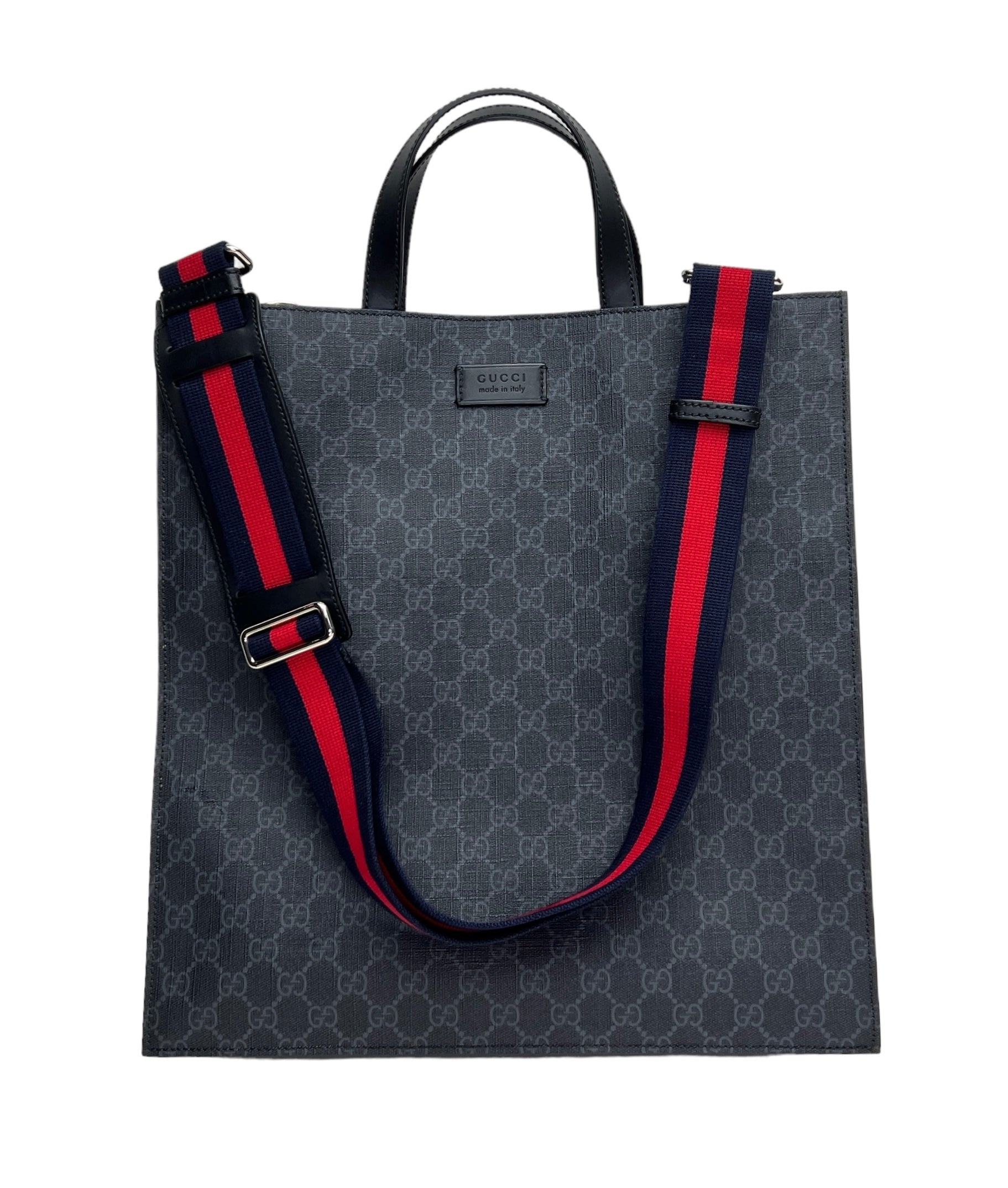 GG Supreme Monogram Appia Black Tote Bag in Monogram Coated Canvas, Silver hardware