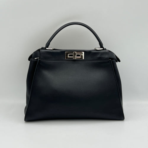 Peekaboo Medium Black Top Handle Bag in Calfskin, Silver hardware