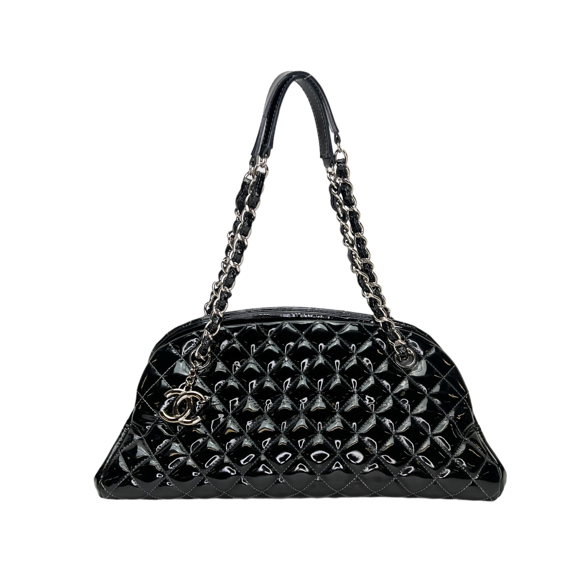 Mademoiselle Bowling Black Shoulder Bag in Patent Leather, Silver hardware