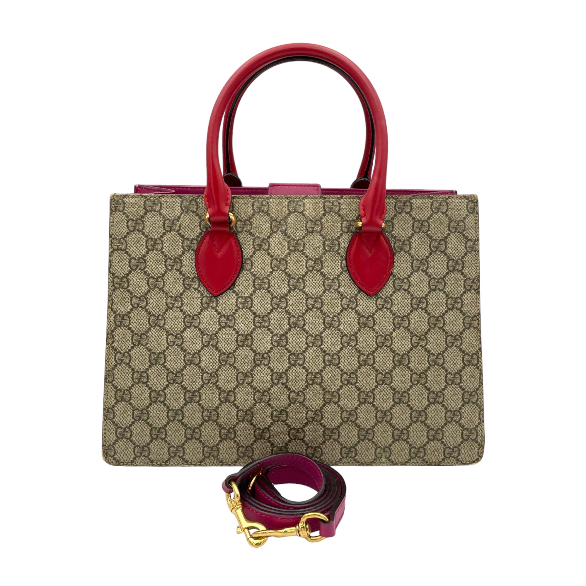 GG Supreme Convertible Brown Top Handle Bag in Monogram Coated Canvas, Gold hardware