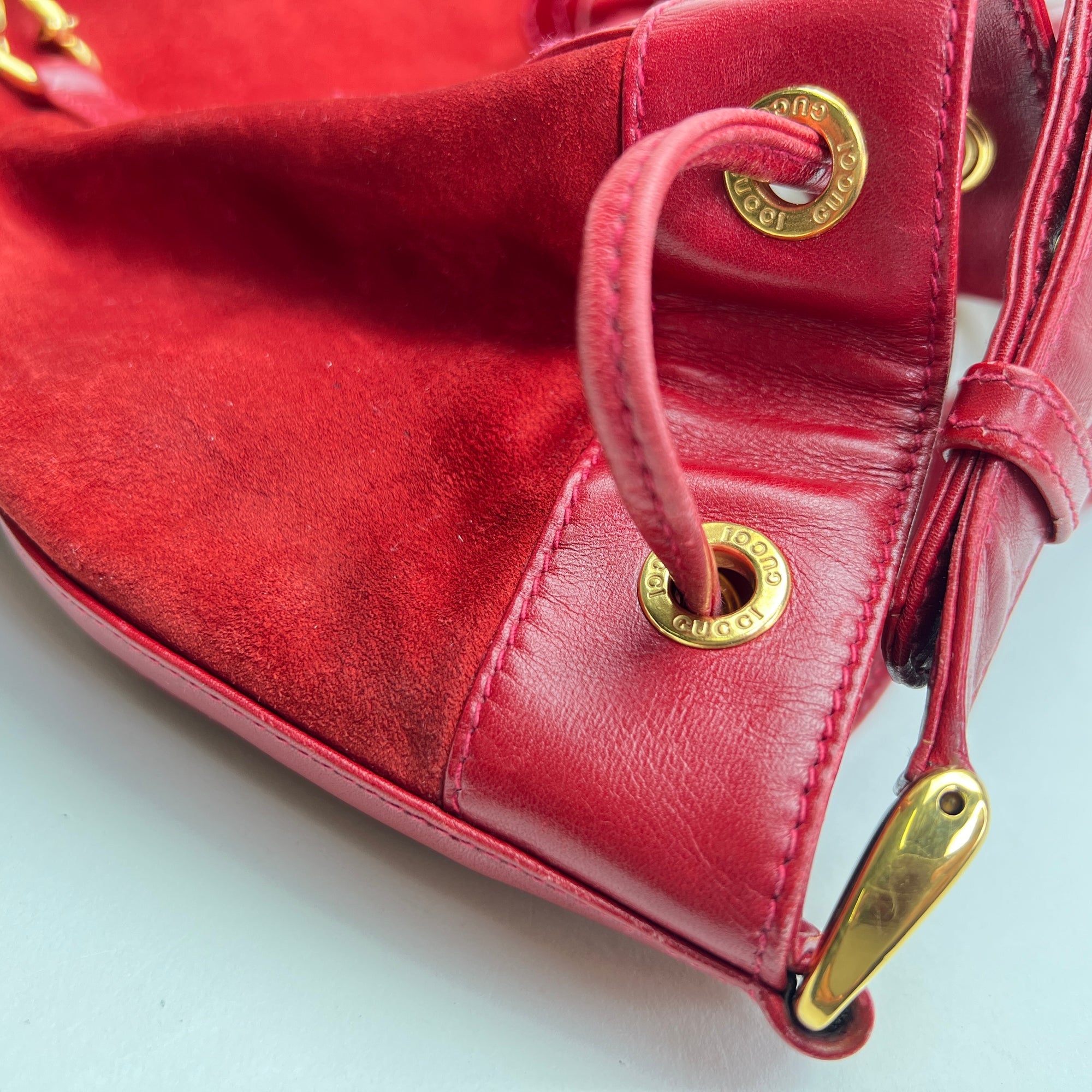 Vintage Red Bucket Bag in Suede Leather, Gold hardware