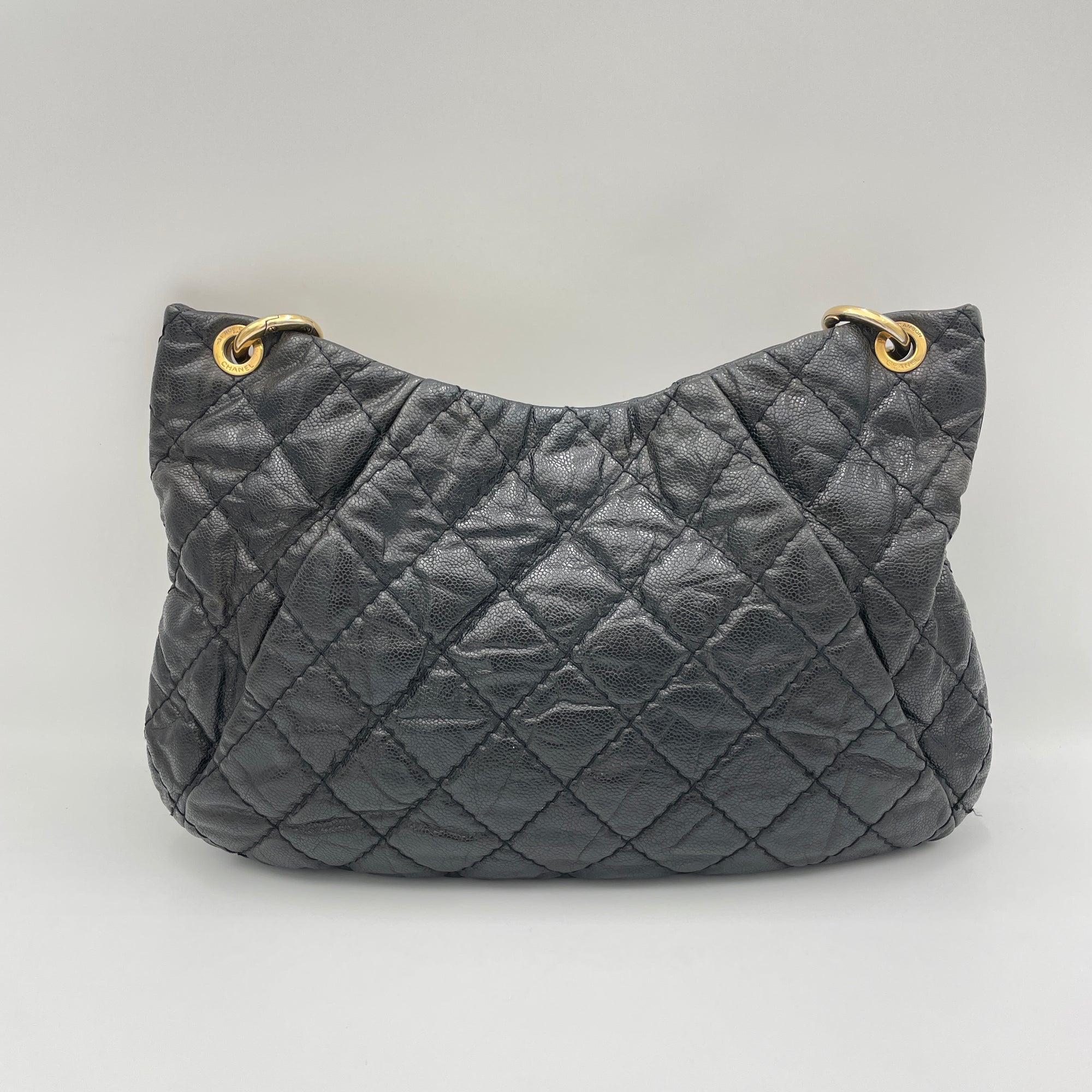 Coco Pleats Hobo Black Top Handle Bag in Caviar Leather, Gold hardware