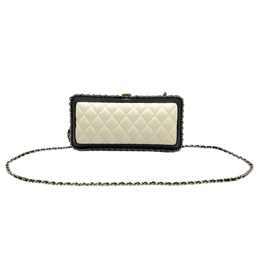 Quilted Chain Round White/Black Crossbody Bag in Lambskin, Gold hardware