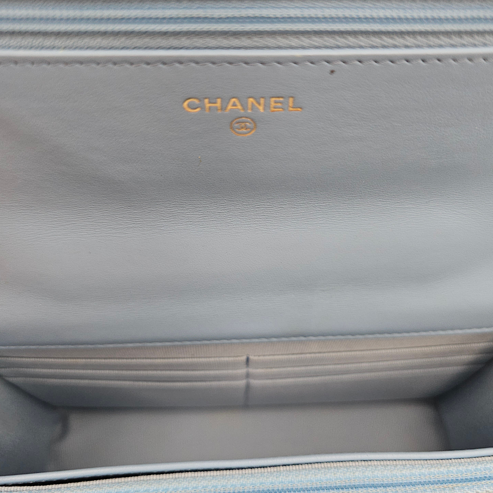 Quilted Top Handle Baby Blue Wallet on Chain in Caviar Leather, Gold hardware